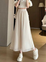 國風新中式胖妹妹闊腿褲女夏季雪紡九分開叉褲子褲裙垂感裙褲新款