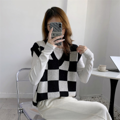 韓風chic寬鬆顯瘦V領針織馬甲秋冬中長款棋盤格毛衣潮