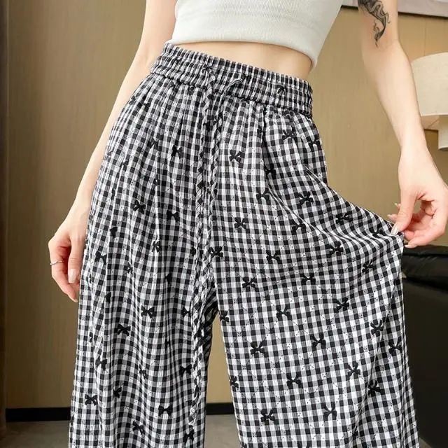 Retro plaid bow embroidered casual pants for women 2025 summer new high-waisted slim loose wide-leg pants