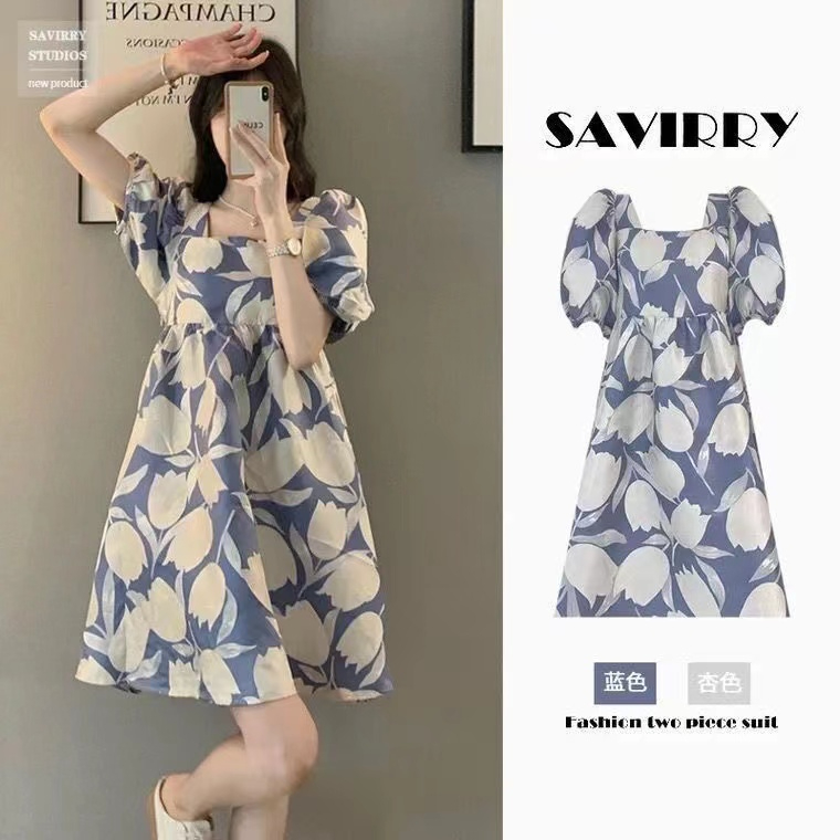 2025 summer new French mid-length high-end printed puff sleeves small dress for women