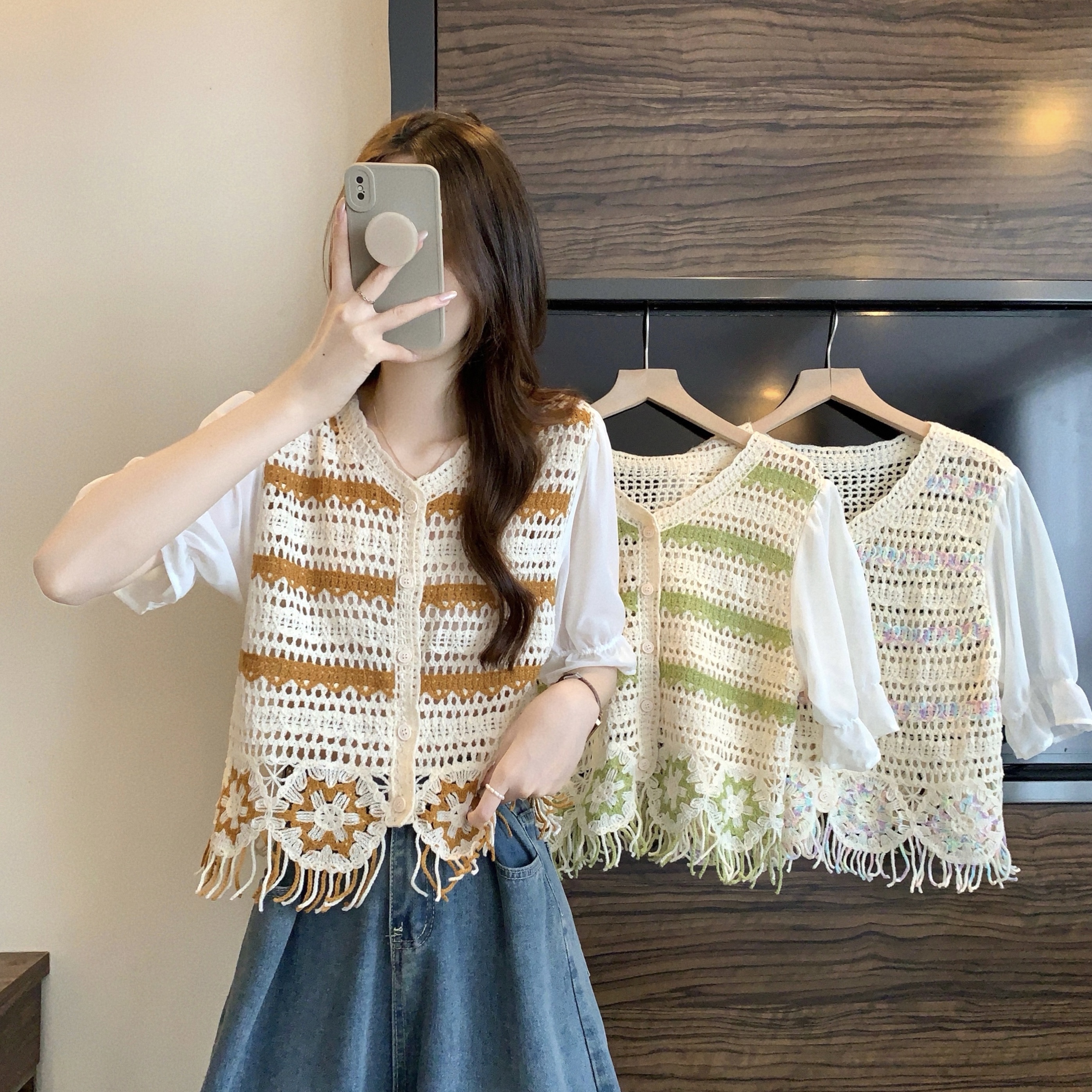 Real shot, new version of retro summer embroidery hollow color block design short-sleeved top