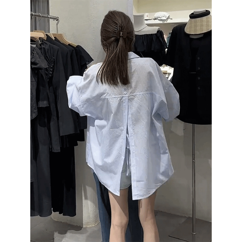 Korean thin sunscreen striped long-sleeved shirt for women in summer new loose slimming back slit casual top trendy