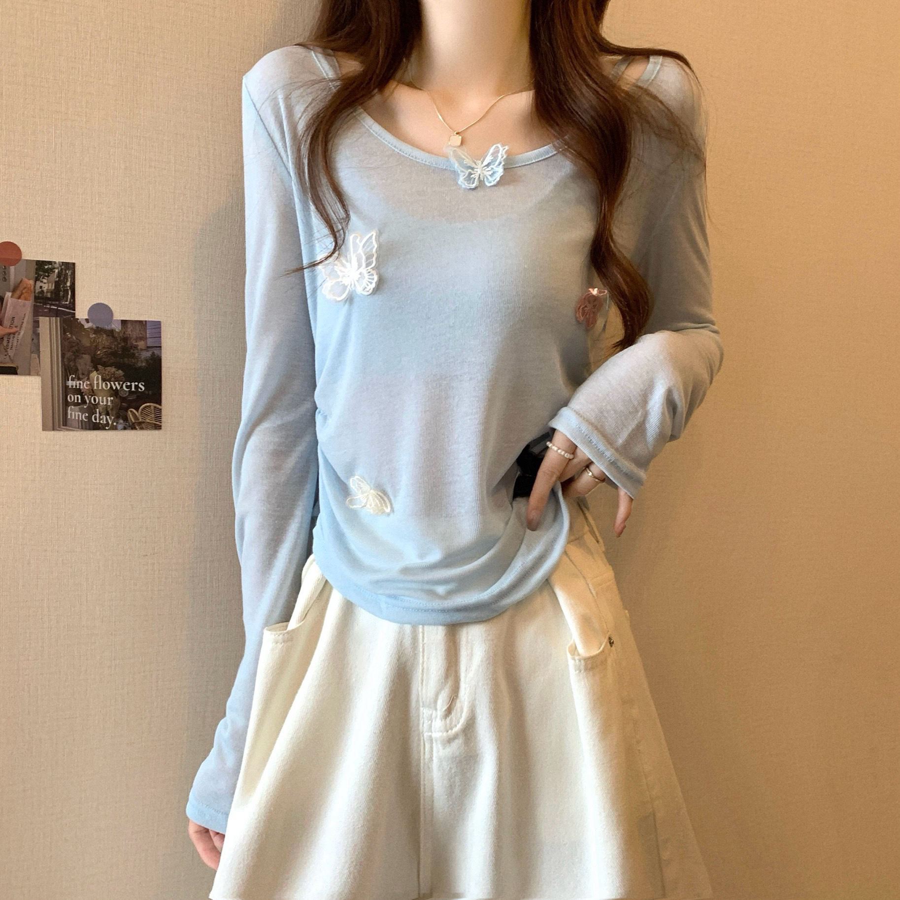 Real shot, new Korean style design, butterfly thin long-sleeved sun protection + inner strap set