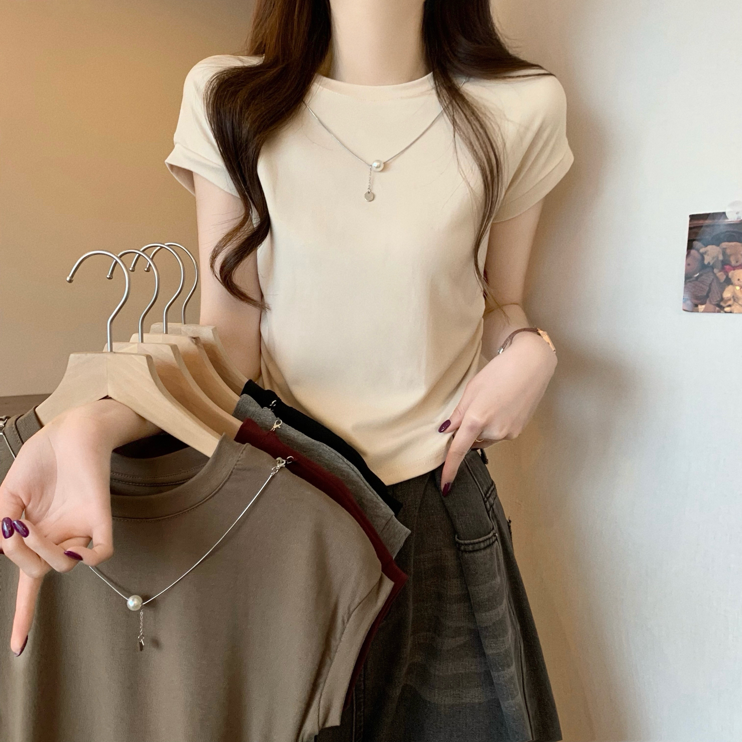 Real shot, new Korean style design, shoulder-length slim short-sleeved T-shirt