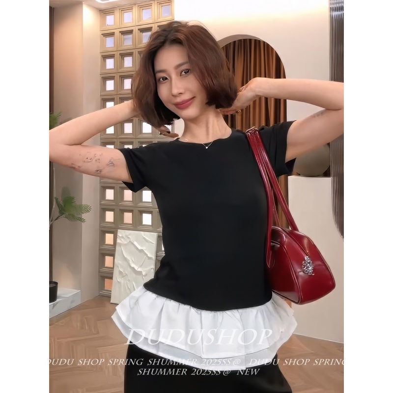 韓國chic夏新款韓版顯瘦假兩件拼接花邊短袖T恤女設計感正肩上衣