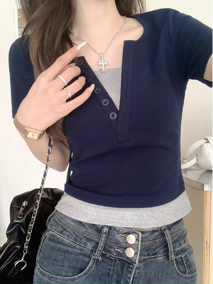 純棉 韓國chic 辣妹風假兩件新款正肩短袖t恤女夏季韓版修身上衣