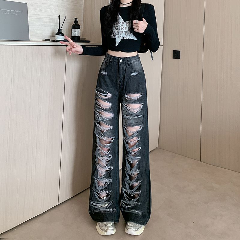 Real shot Korean personality ripped spliced ​​jeans for women's new high-waist loose slim and versatile straight wide-leg pants