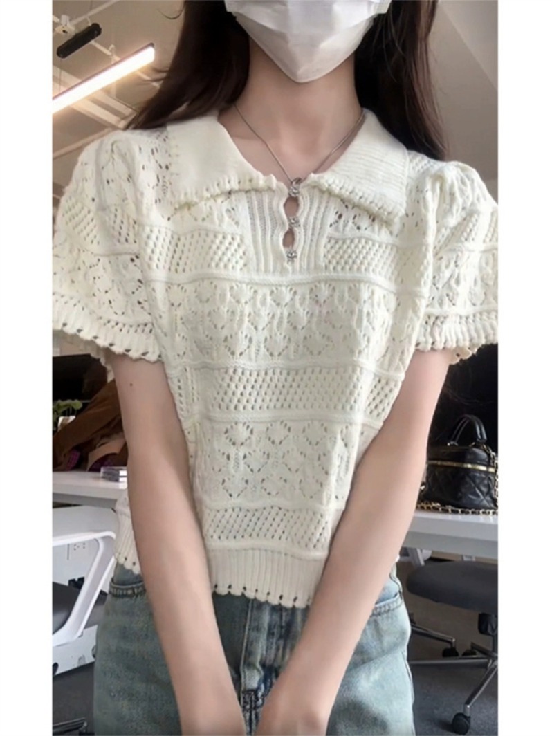 Korean hollow polo neck short-sleeved sweater for women in summer 2025 new small shirt tea style waist top