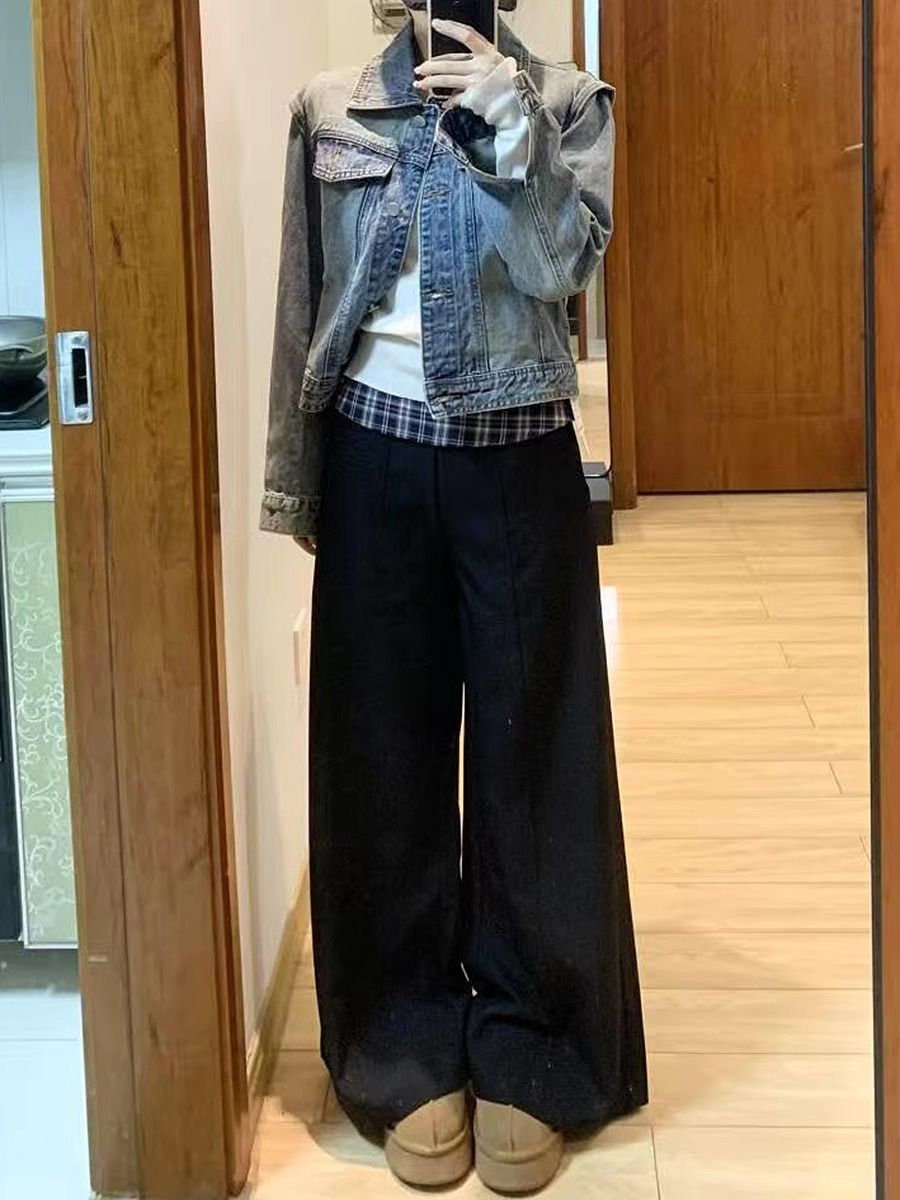 西裝腰頭韓版美式2025早春新款藏青色寬鬆休閒褲工裝褲小眾彎刀褲