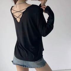 Summer 2025 new Korean version loose back cross versatile sun protection top thin long-sleeved T-shirt for women