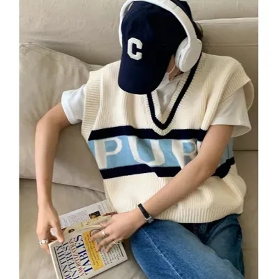 Autumn in Korea Dongdaemun Collage Style Slimming Youthful Versatile Korean Letter V-neck Loose Cardigan for Women