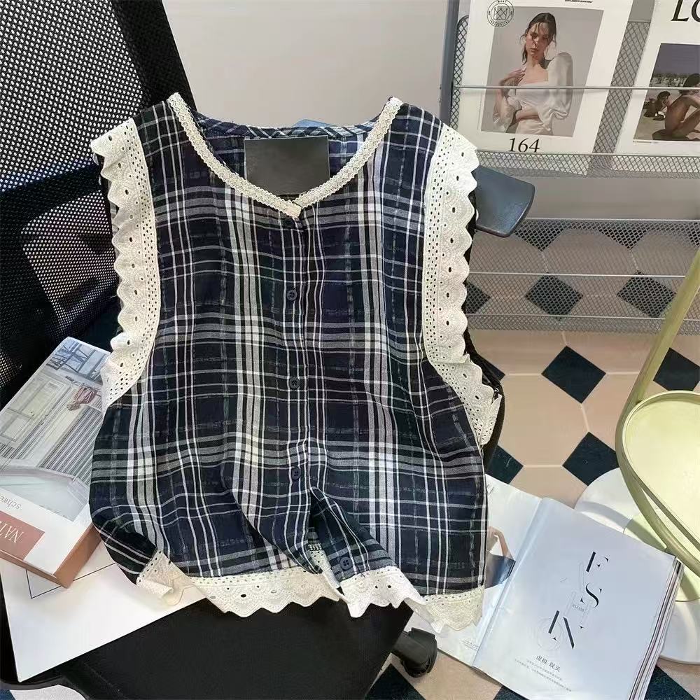 Korean French lace lace spliced ​​plaid doll shirt for women in summer design high-end sleeveless vest shirt