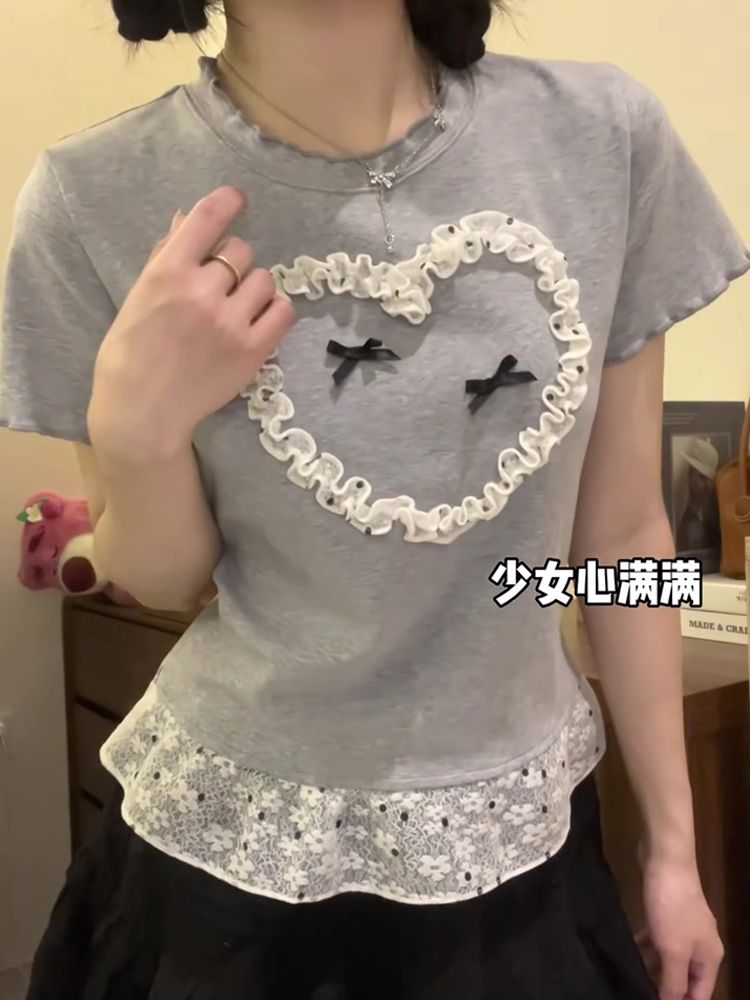 純棉 韓國chic夏季新款顯瘦拼接蕾絲甜美木耳邊短袖T恤女百搭上衣
