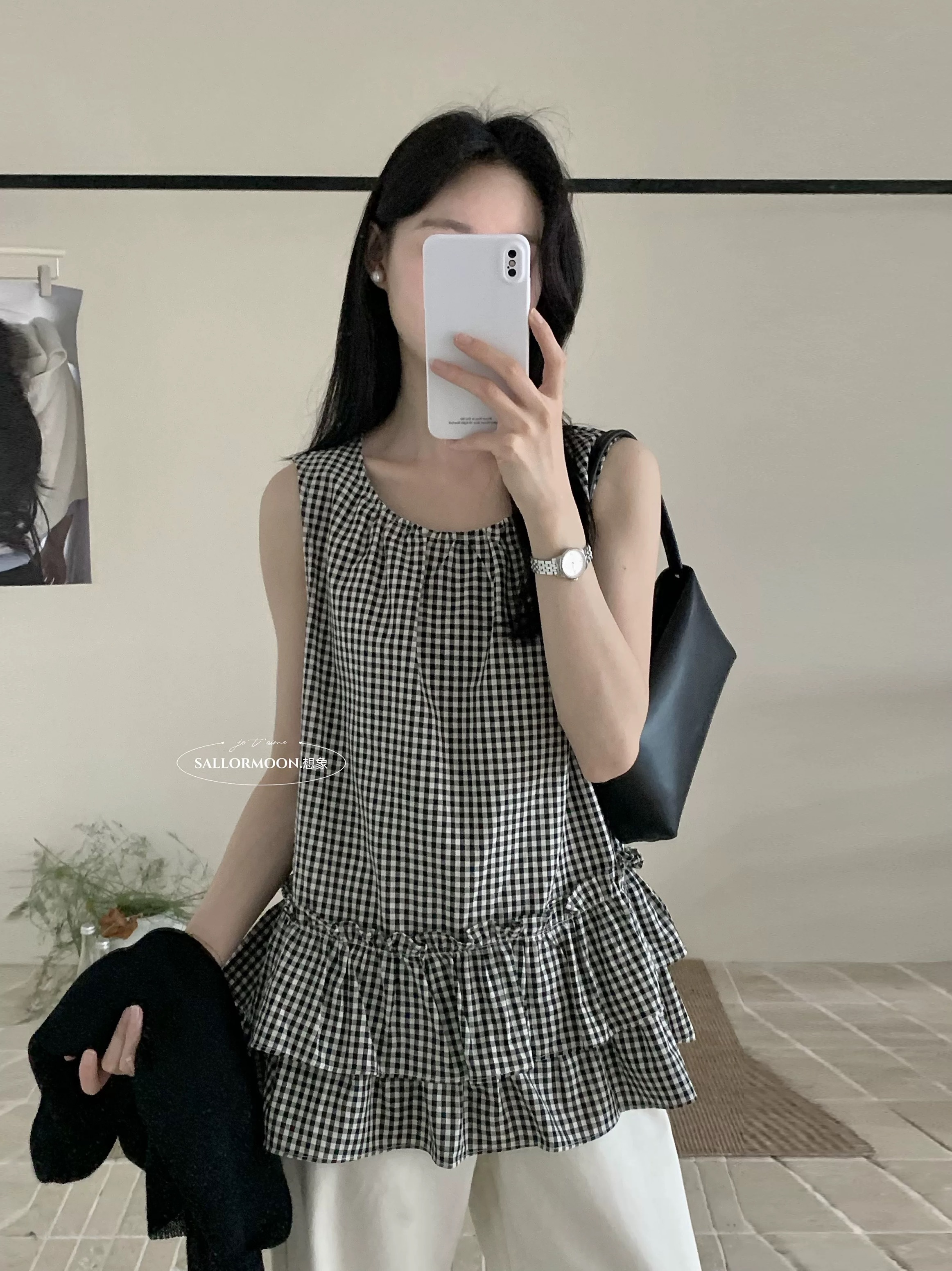 韓系簡約圓領格子無袖背心小衫甜美減齡寬鬆上衣