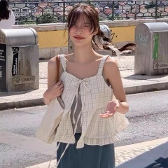 韓系chic小眾2025新款春夏格紋寬鬆繫繩疊穿前後兩穿背心吊帶