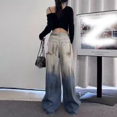 韓國chic復古春秋長褲直筒褲美式潮流設計感破洞漸變色彎刀褲常規