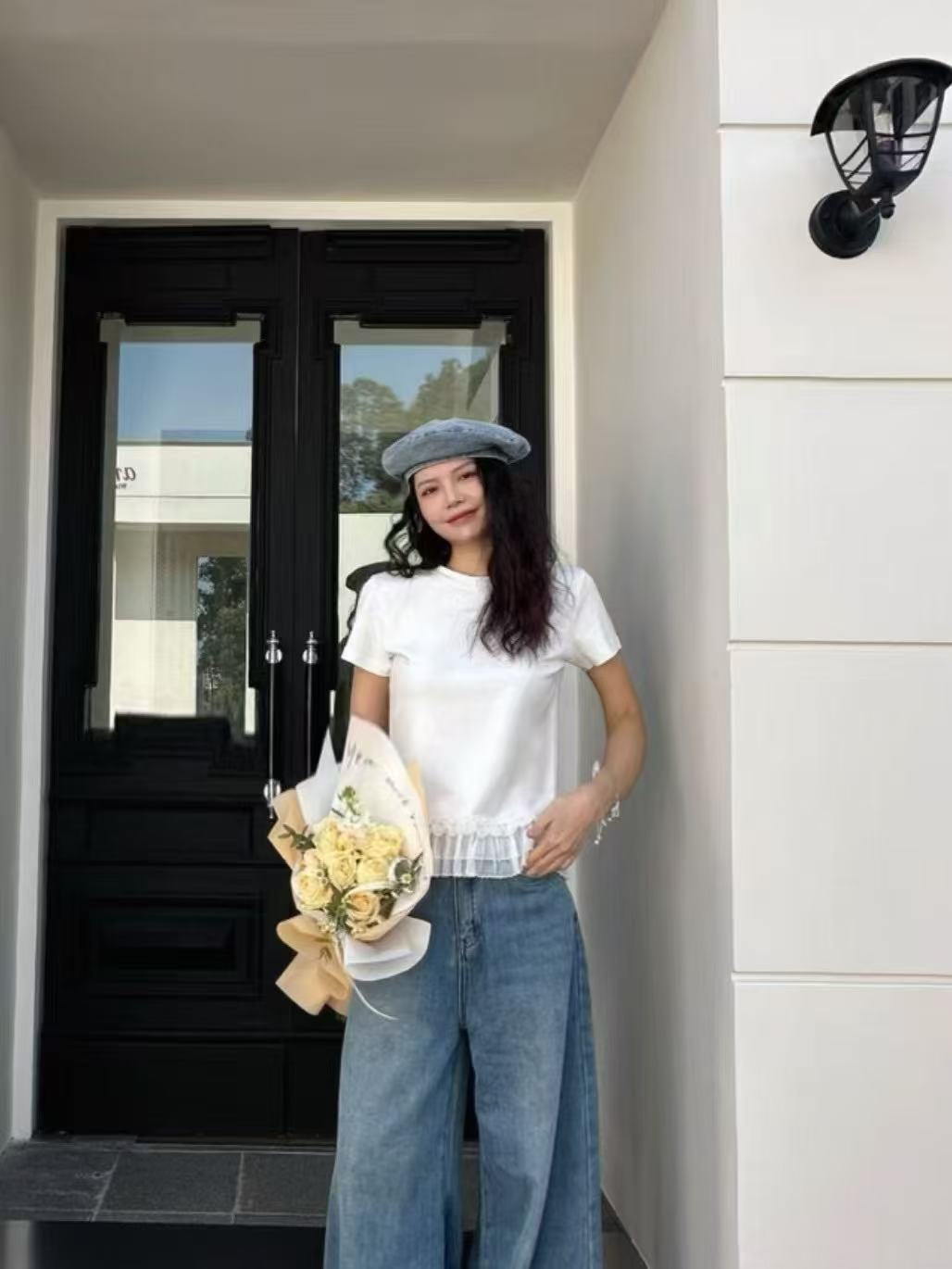 South Korea Dongdaemun 25 spring new pure lustrous ruffled short-sleeved T-shirt for women's round neck niche design