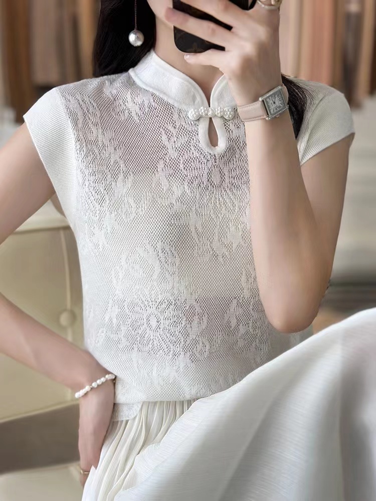 新中式盤扣旗袍領鏤空提花薄款真絲針織衫t恤女2025夏季無袖打底