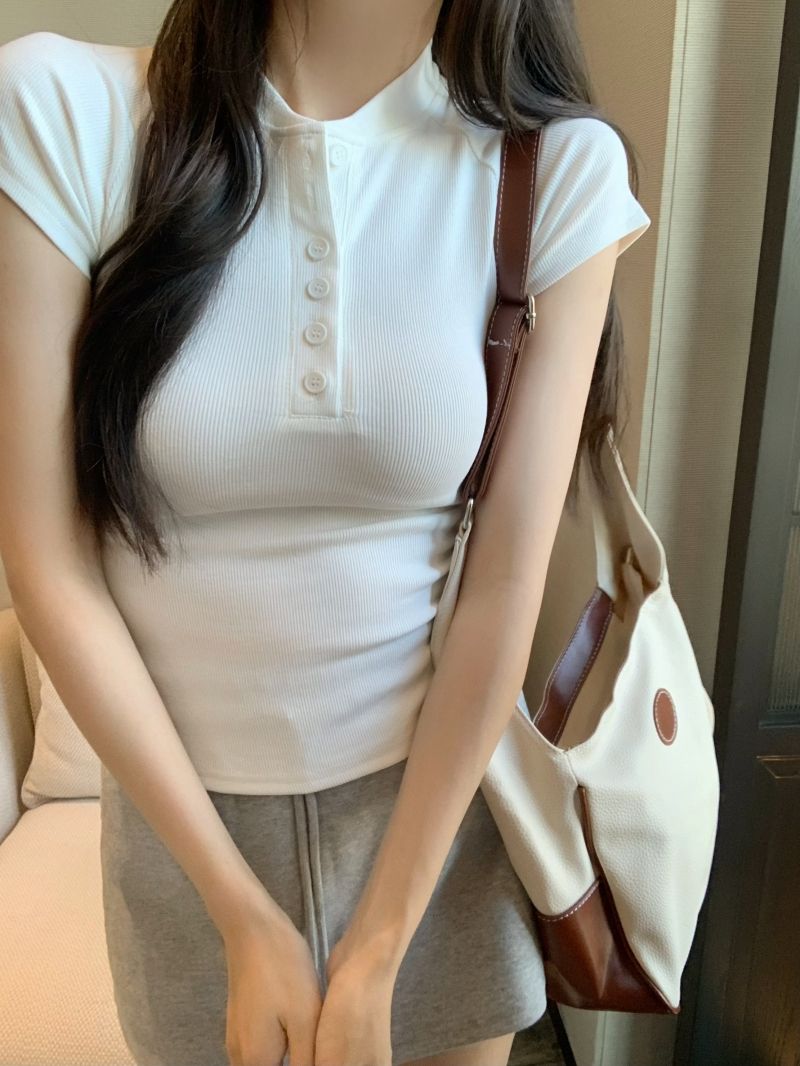 2025 new 40 pure cotton 210g 92 cotton/8 spandex half button neck short sleeve T-shirt for women
