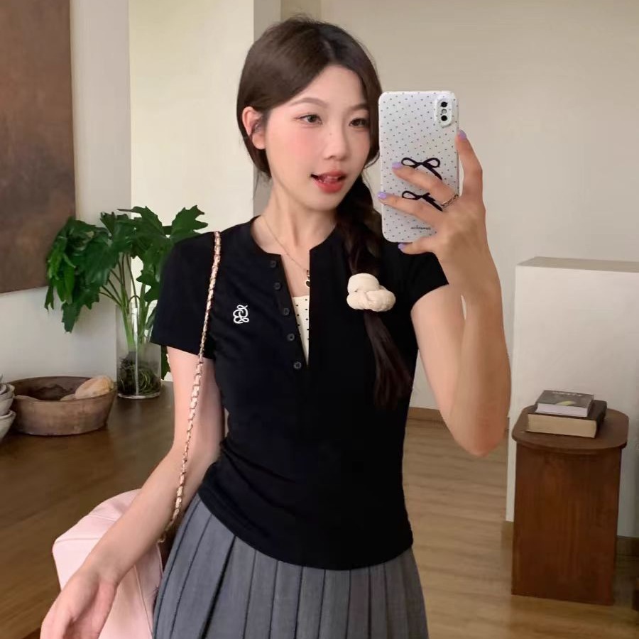 韓國chic2025夏季新款韓版假2件裝上衣美式字母紐扣辣妹短袖T恤女
