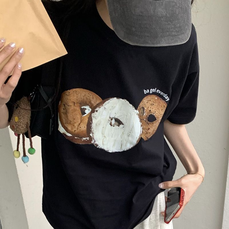 Bagel Print Simple Couple Short Sleeve Ins Loose Heavy Cotton T-shirt T-shirt T-shirt T-shirts