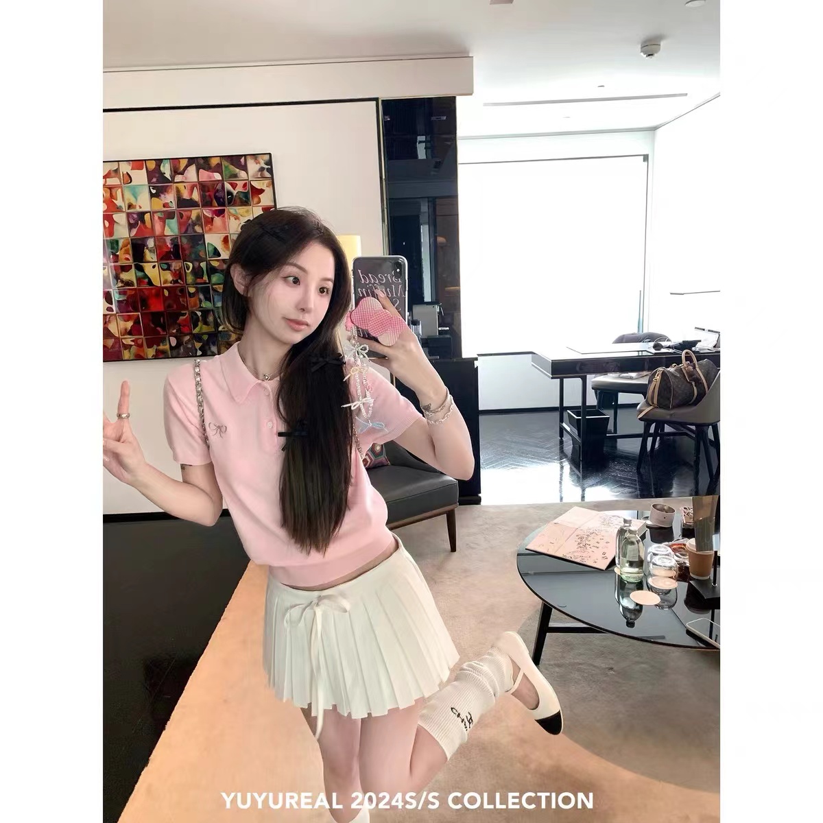 YUYUREAL 呆呆團寵 蝴蝶Polo短袖學院風正肩花苞袖小上衣