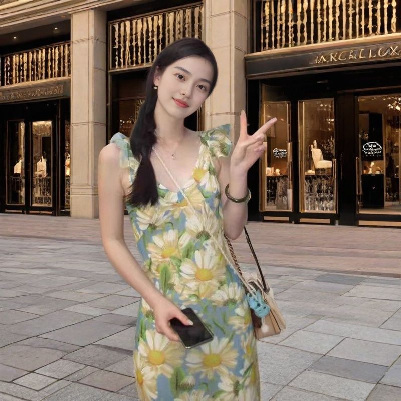 泰國旅行穿搭沙灘裙海邊度假絕美復古油畫碎花連衣裙女夏氣質收腰