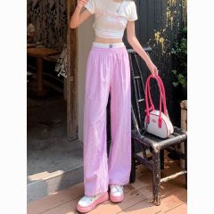 美式復古拖地褲條紋休閒長褲女夏季薄款休閒闊腿慵懶顯瘦直筒褲