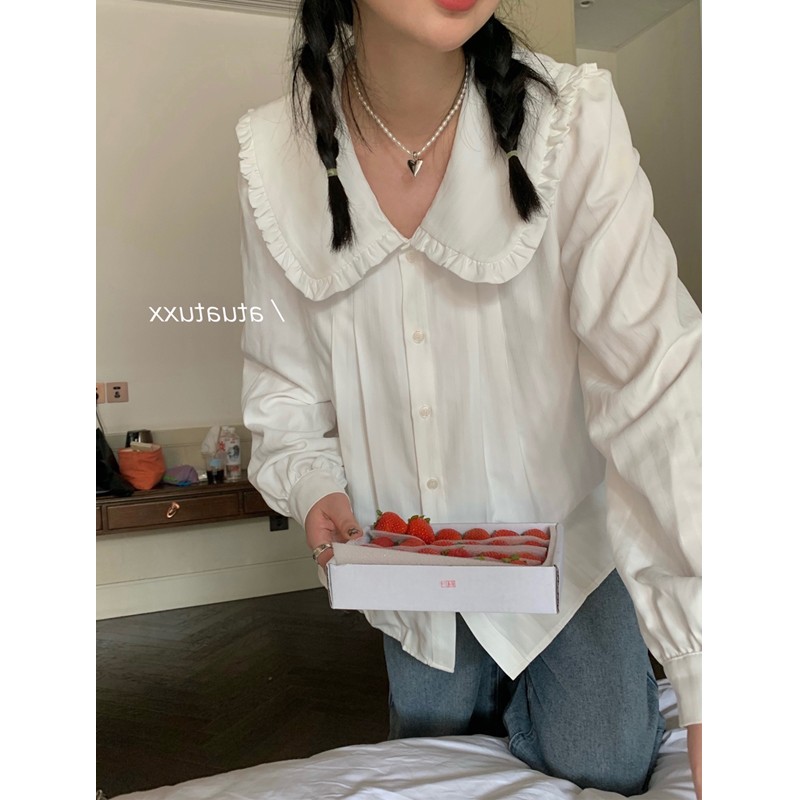 娃娃領白襯衫法式甜美風小眾壓褶設計感上衣春秋寬鬆學院風長袖女