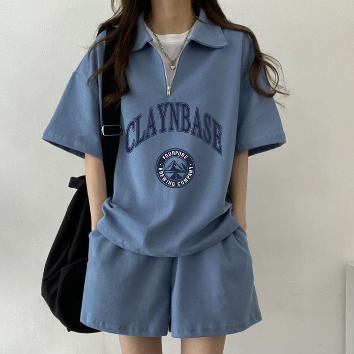 套裝女休閒夏裝字母寬鬆時尚減齡顯瘦拉鏈短袖韓國短褲新款