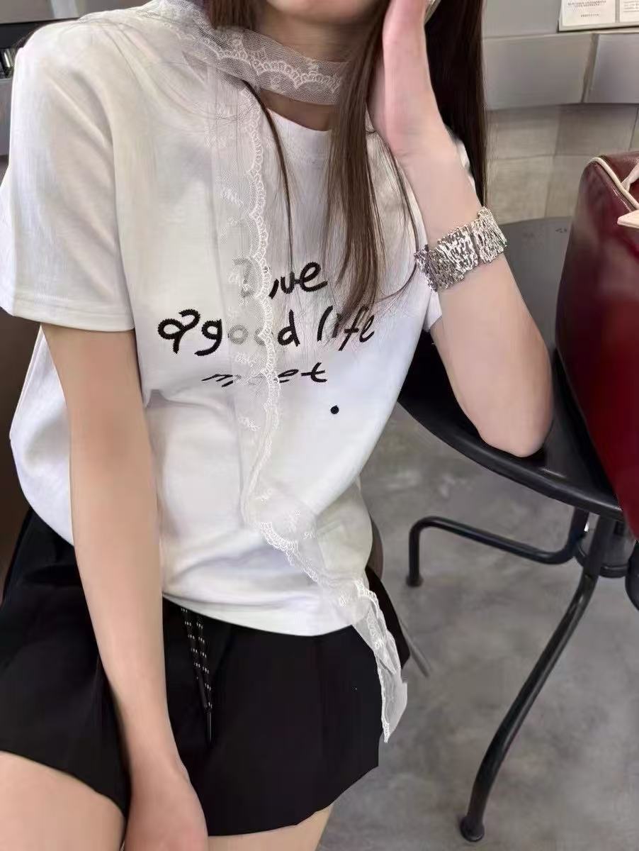 Letter top 2025 new spring cotton t-shirt simple loose slim white T-shirt women's short sleeves