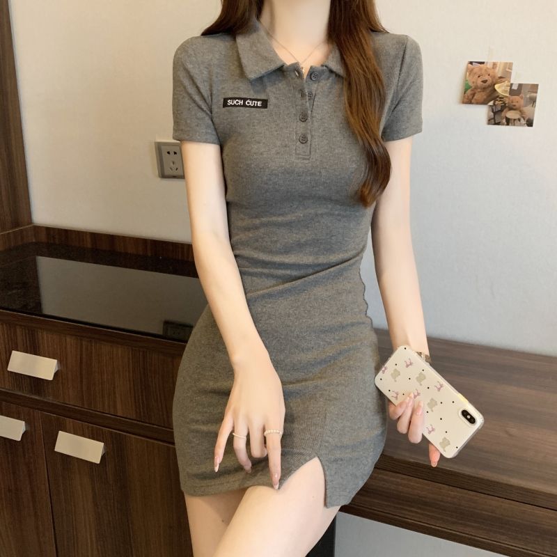 實拍  40支純棉210克92棉/8氨綸POLO領刺繡連衣裙女