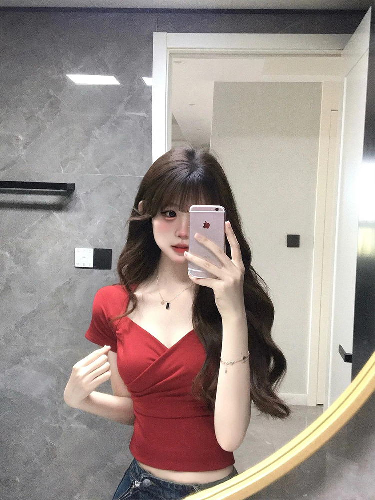 韓國chic夏季新款韓版修身顯瘦紅色交叉v領短袖辣妹修身短款上衣