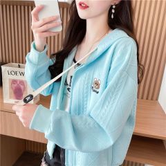 Real shot Korean loose spring and autumn style upper and lower zipper embroidered jacquard hooded cardigan sweatshirt for women