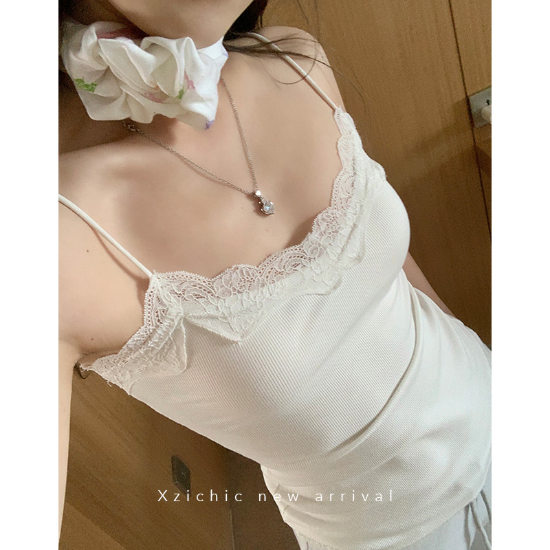 純欲蕾絲拼接花邊吊帶背心女夏季絕美純欲bm風內搭打底美背上衣