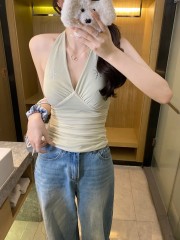 實拍 夏季新款純欲性感掛脖V領重工藝燙鑽微透褶皺收腰吊帶