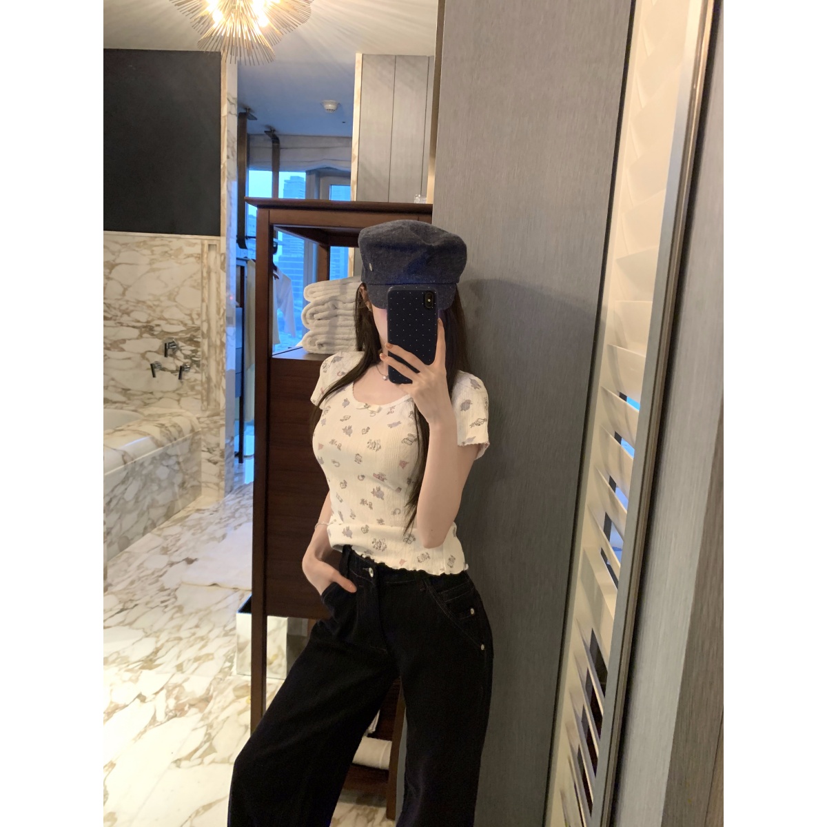 新款蝴蝶結印花u領短袖針織T恤女夏季修身內搭設計感甜辣緊身上衣