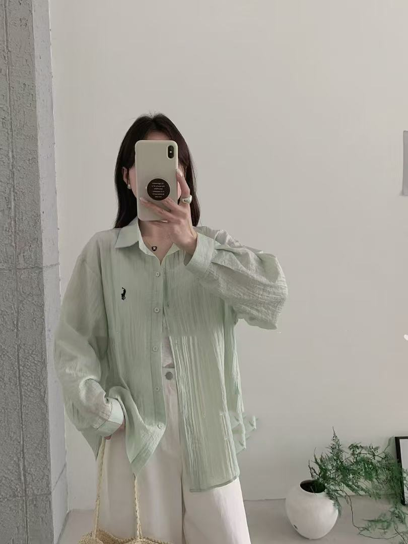 Sunscreen two-piece set!  Big loli embroidered casual linen cotton shirt for women, slim summer sun protection clothes for women