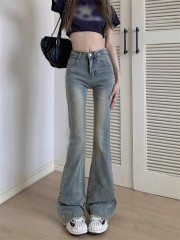 2025 new summer blue breasted slightly flare jeans for women retro high waist versatile elastic slim fit horn