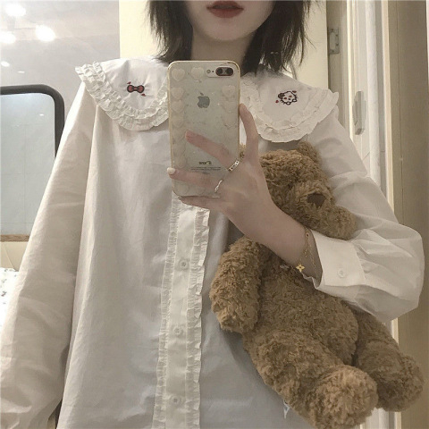 2025新款甜美森系繡花娃娃領長袖襯衫女春秋季新款上衣襯衣女