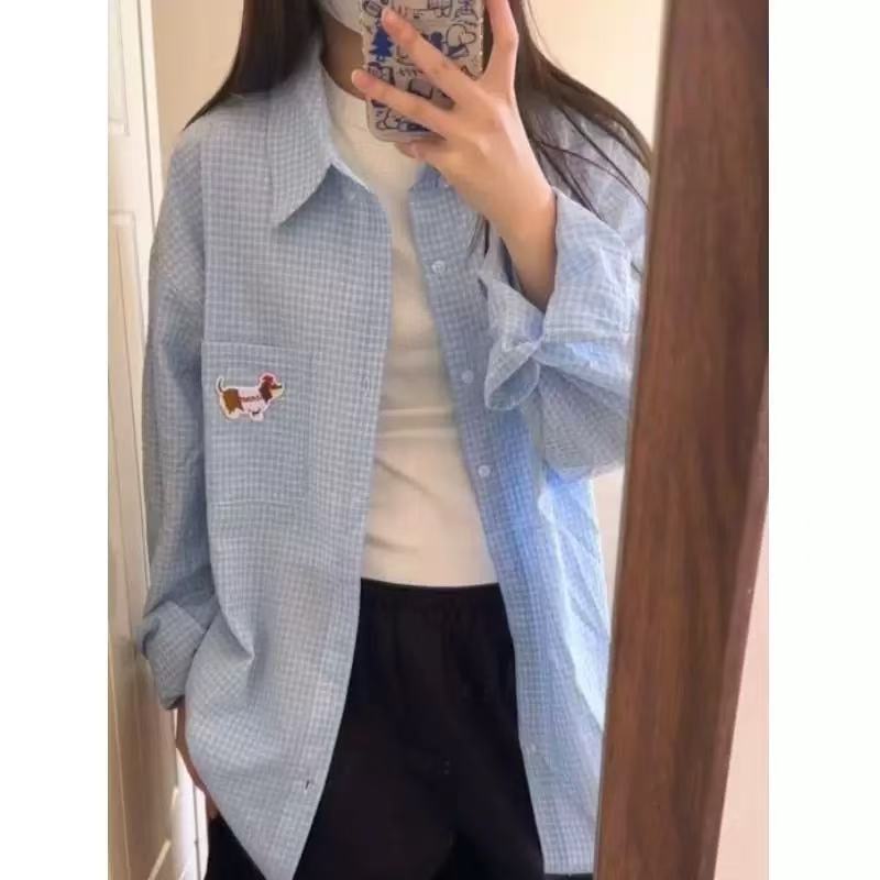 Korean simple and versatile blue plaid shirt for women in spring and summer thin lazy style casual long-sleeved shirt