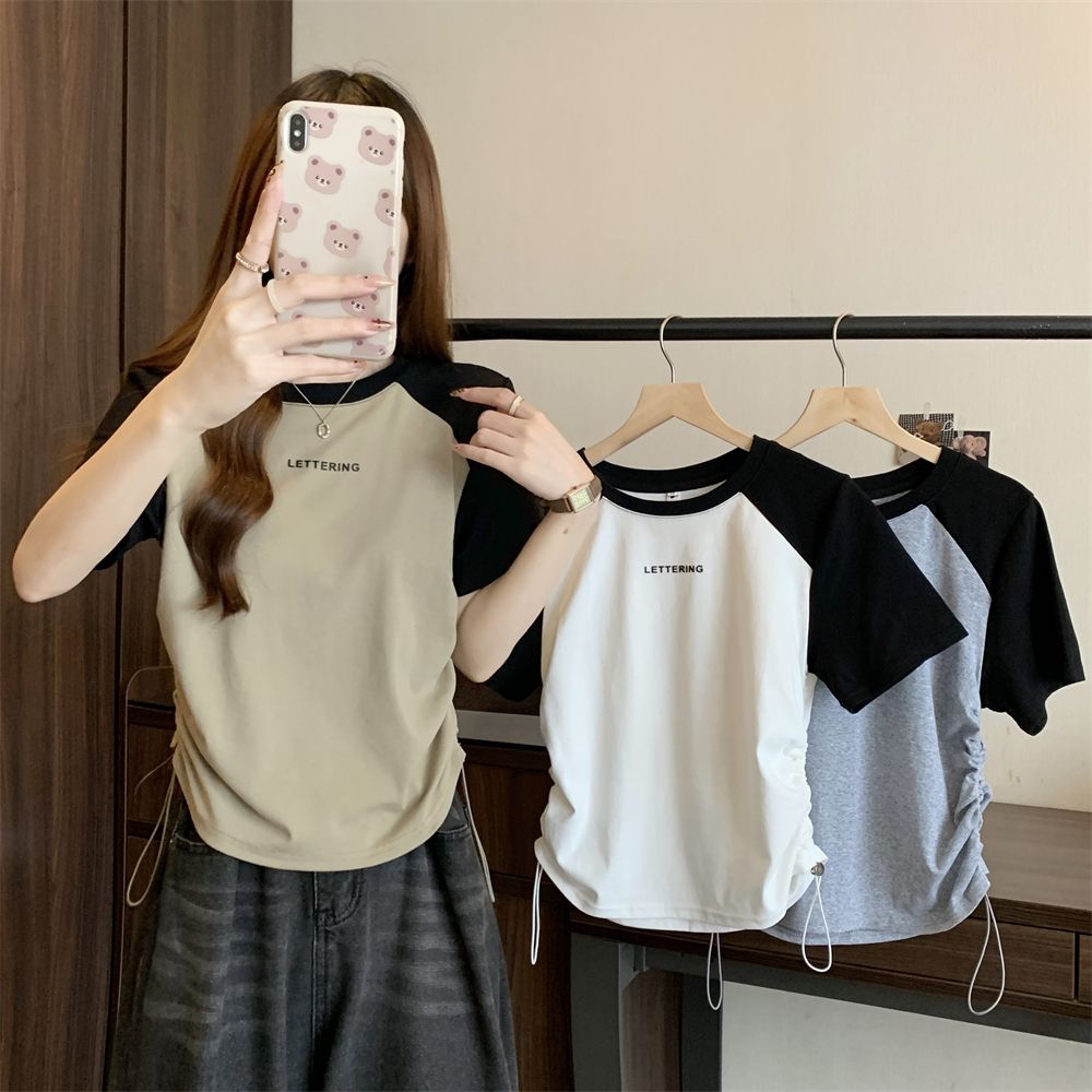 Real shot 40 pure cotton 210g 92 cotton/8 spandex short-sleeved T-shirt for women waist three-dimensional glue printing