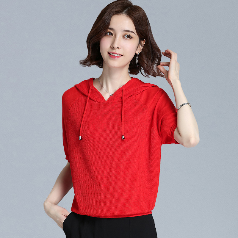 Women's Hooded T-shirt 2025 New Summer Loose Thin Top Super Hot cec Short-sleeved Women's Chiffon Knit Top with Hat