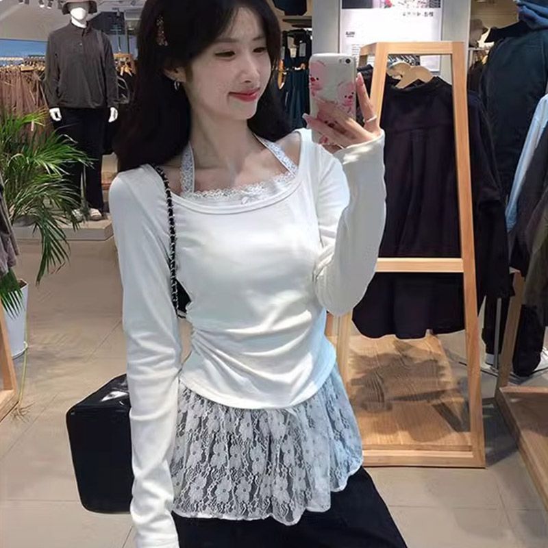 芭蕾風蕾絲假兩件拼接女春白色甜美內搭打底別致上衣T恤