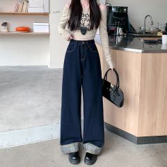 Real shot Korean plaid spliced ​​curly jeans for women's summer new wide-leg pants loose straight trousers