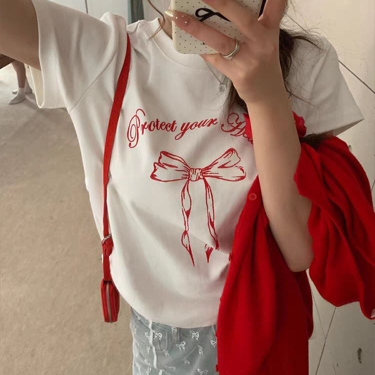 Korean letter streamer bow printed short-sleeved T-shirt for women's summer round neck top