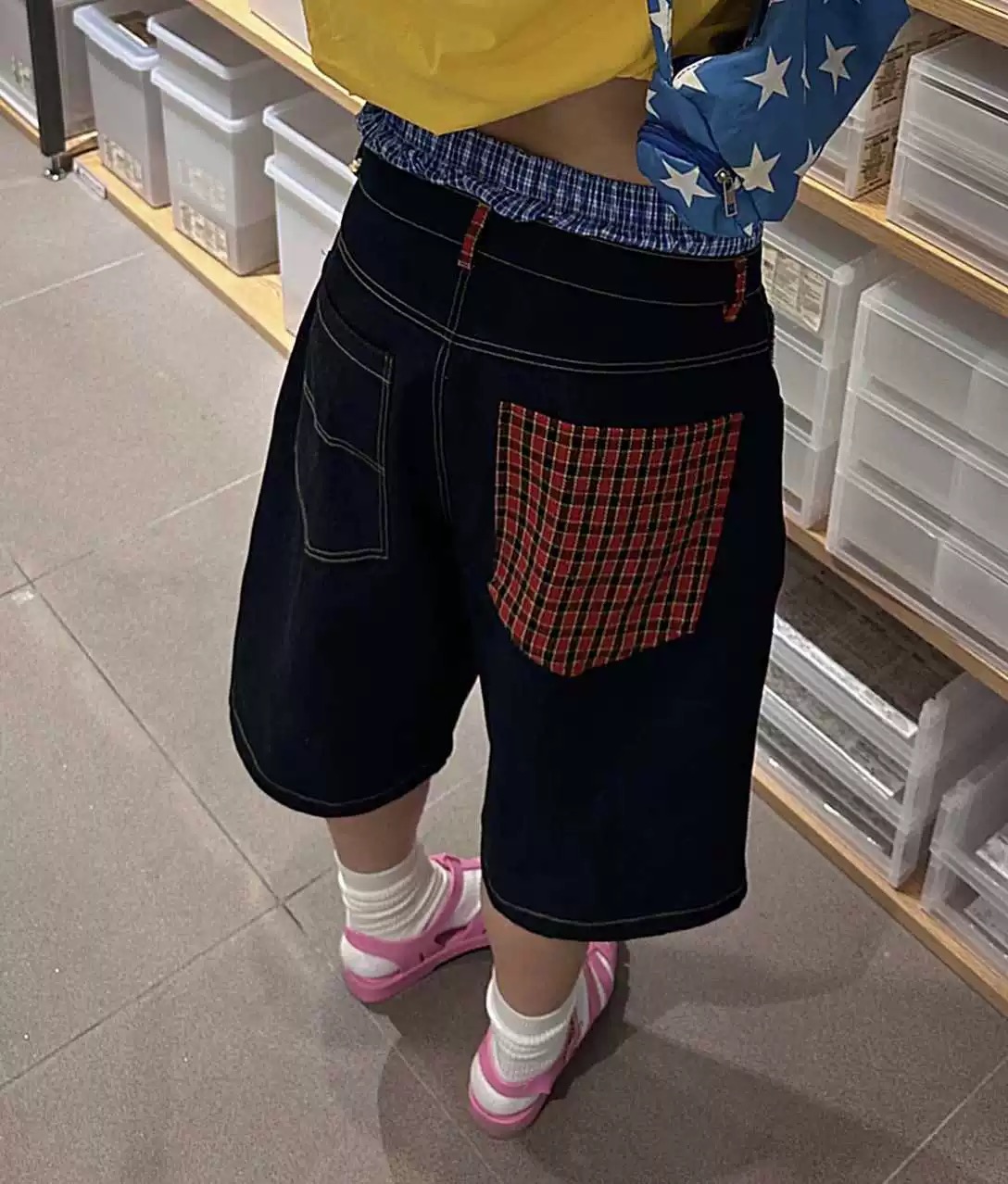 American retro plaid spliced ​​denim cropped pants for women in summer low waist street loose work clothes mid-trousers black shorts
