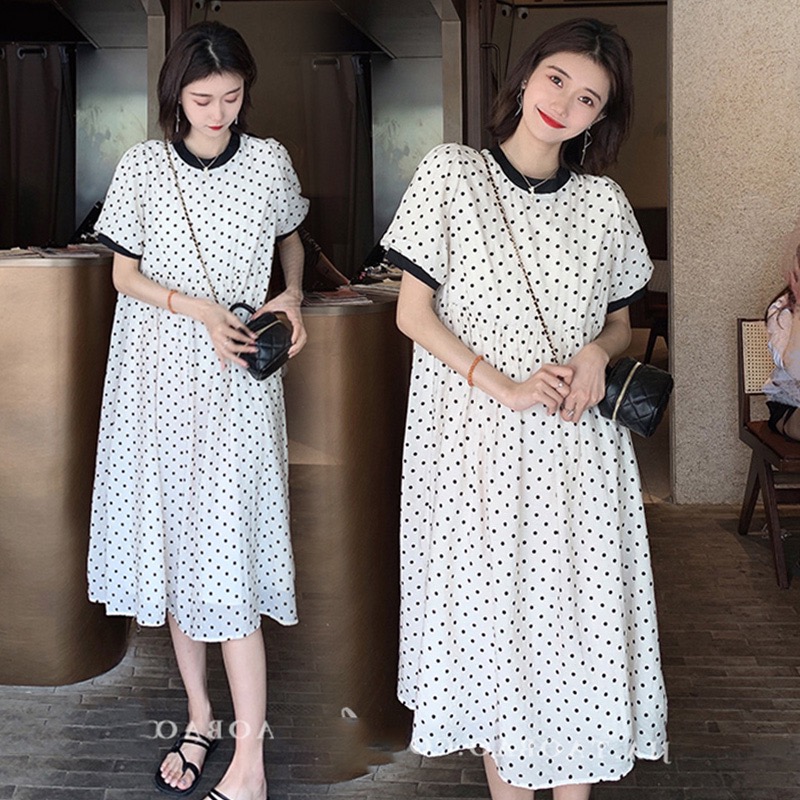Korean chic summer large size retro cute versatile elegant black and white polka dot lace loose dress long skirt women