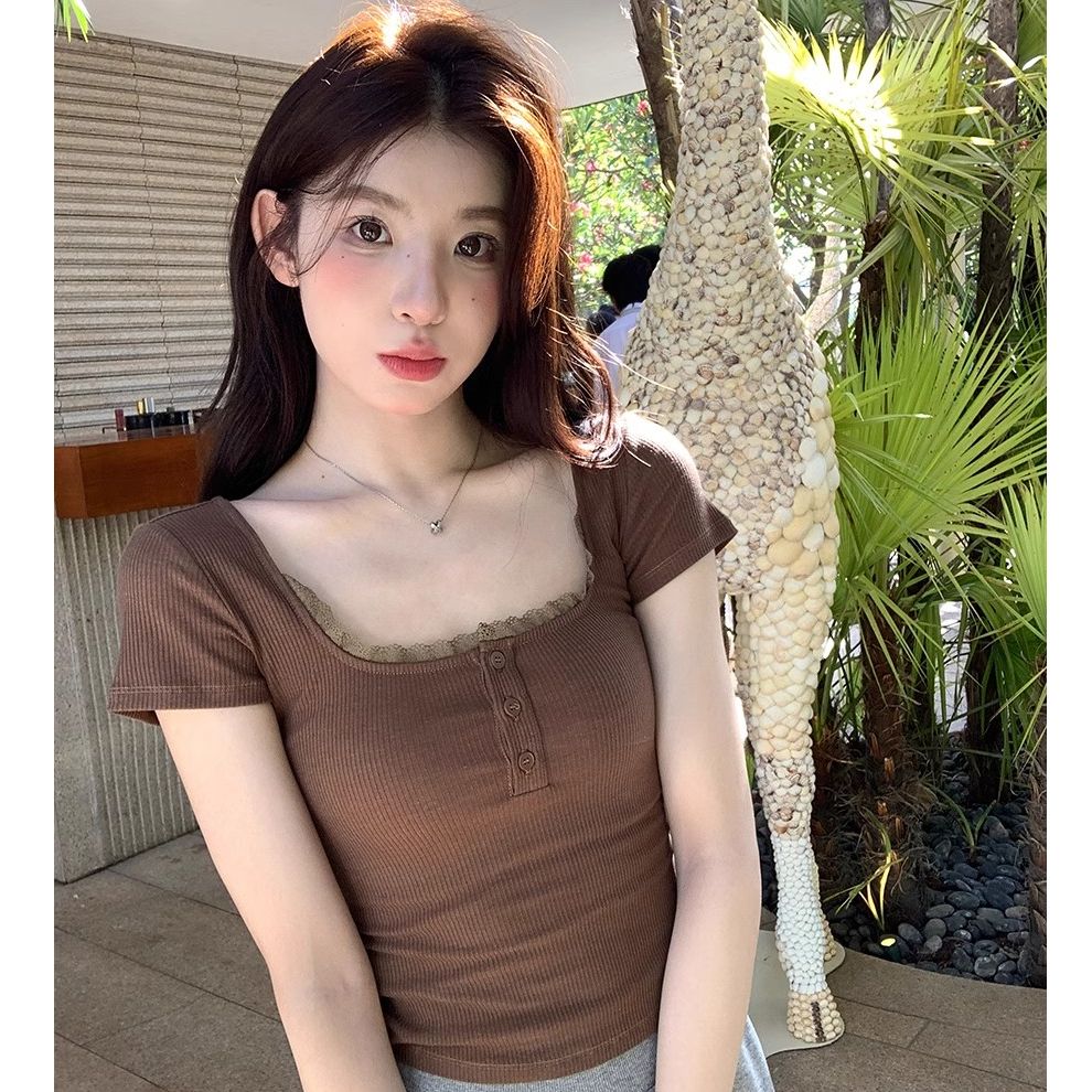 甜辣風蕾絲邊短袖t恤女夏修身方領顯瘦短款上衣