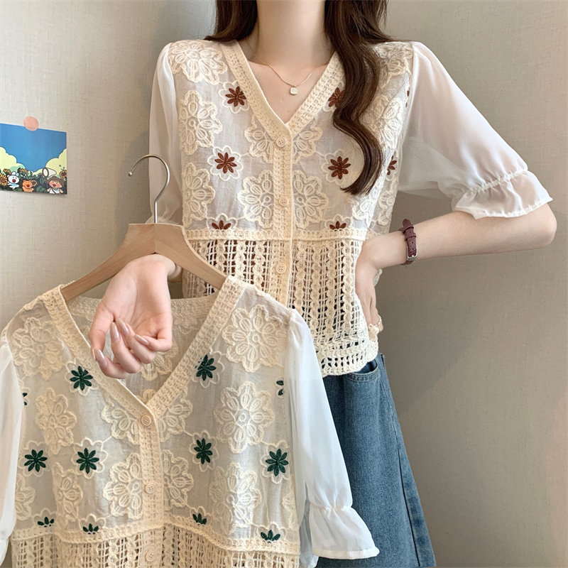 Real shot, new version of retro summer embroidery hollow color block design short-sleeved top